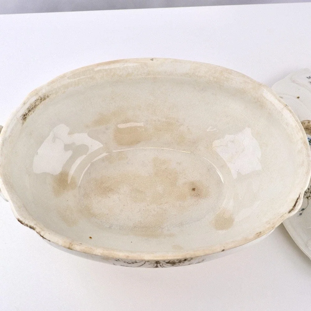 Antique White Ironstone Soup Tureen with Lid - Blue Floral, Hand Signed Base